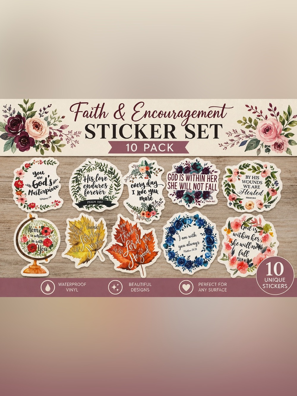 Faith & Encouragement Sticker Set – Assorted Floral and Leaf Designs (10 Pack)
